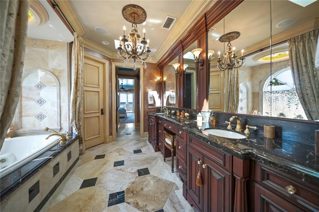 Bathroom, Chandelier, Dual Sink Vanities, Interior, Recessed Lighting