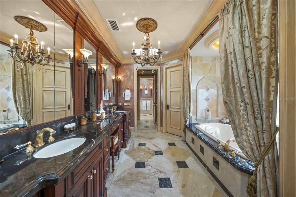 Bathroom, Chandelier, Dual Sink Vanities, Interior, Recessed Lighting