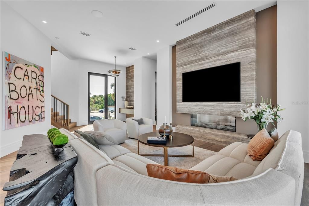 Fireplace, Interior, Living room, Pendant Lights, Recessed Lighting, Wood Texture Flooring