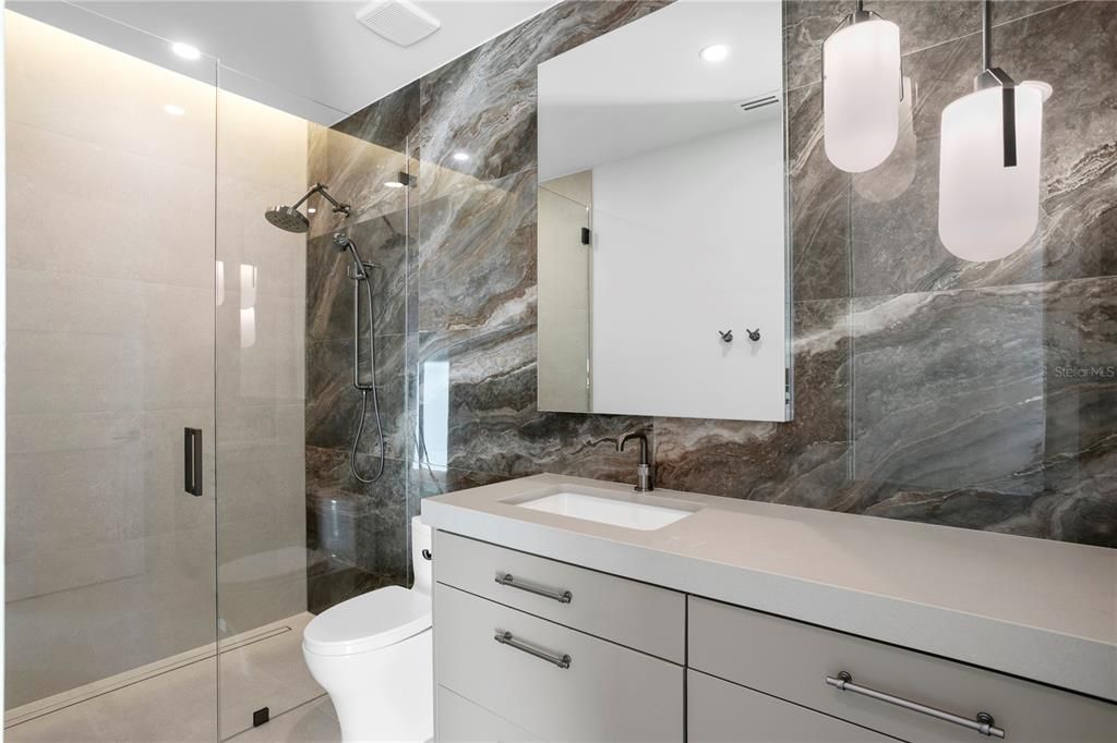 Bathroom, Glass Shower, Interior, Recessed Lighting