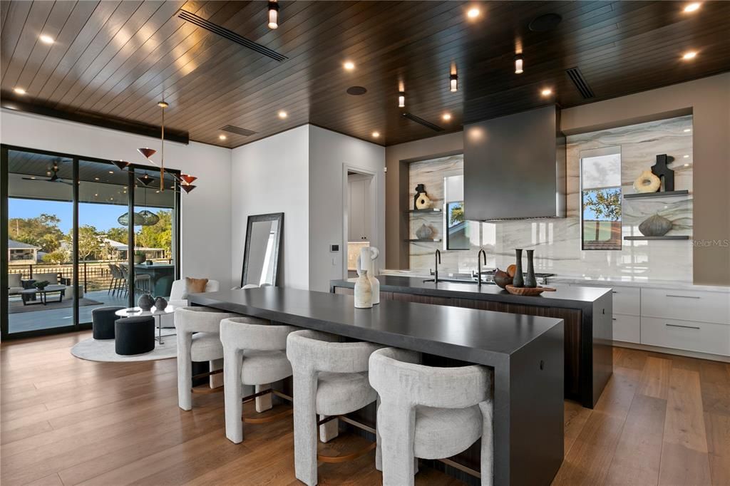 Dining room, Interior, Kitchen, Pendant Lights, Recessed Lighting, Wooden Ceilings, Wood Texture Flooring