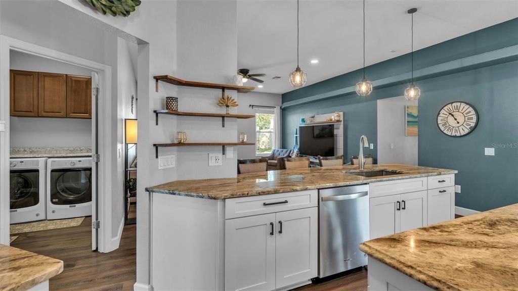 Interior, Kitchen, Pendant Lights, Recessed Lighting, Washer, Wood Texture Flooring