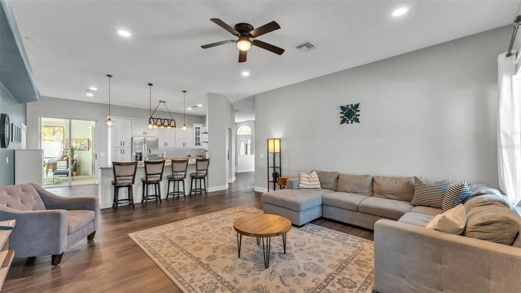 Interior, Kitchen, Living room, Pendant Lights, Recessed Lighting, Wood Texture Flooring