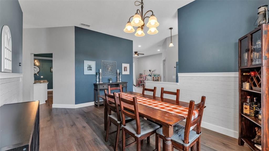 Dining room, Interior, Pendant Lights, Recessed Lighting, Wood Texture Flooring