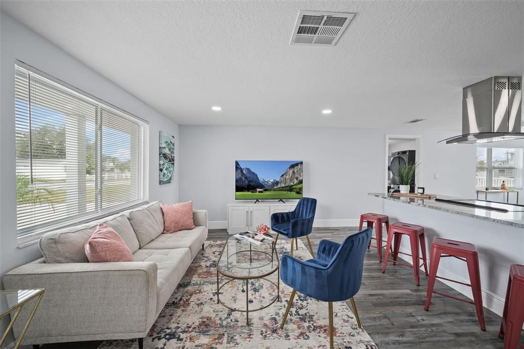 Dining room, Interior, Living room, Recessed Lighting, Wood Texture Flooring