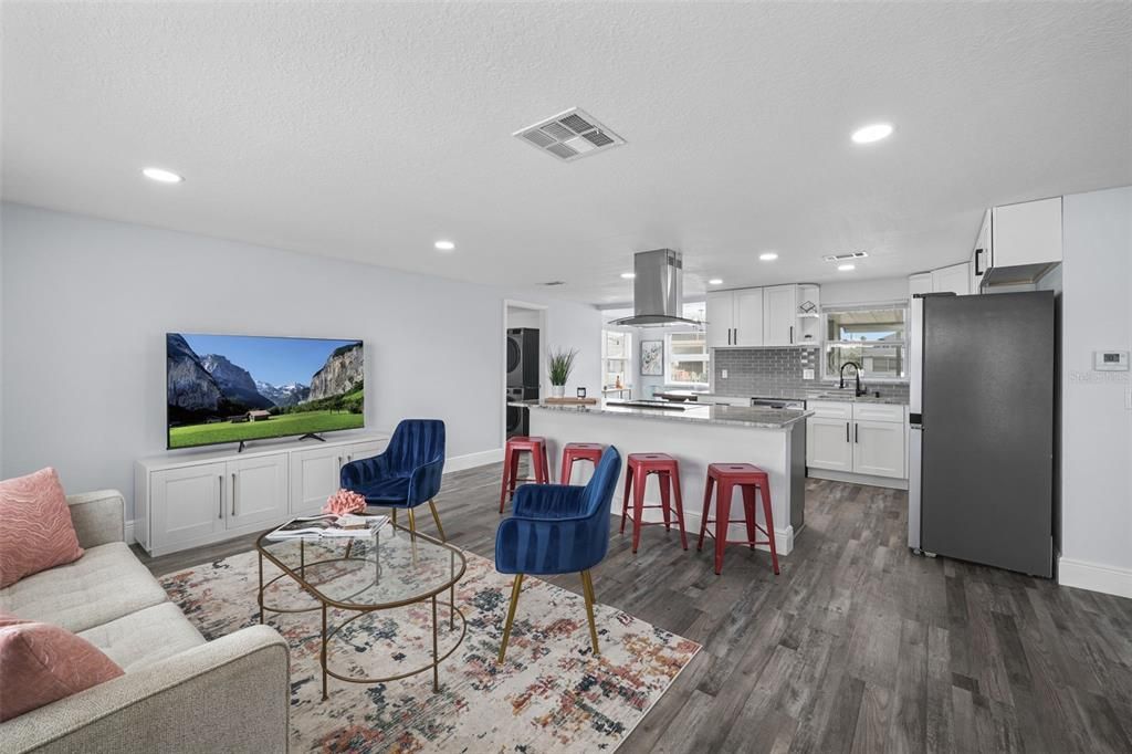 Interior, Kitchen, Living room, Recessed Lighting, Stainless Steel Appliances, Wood Texture Flooring