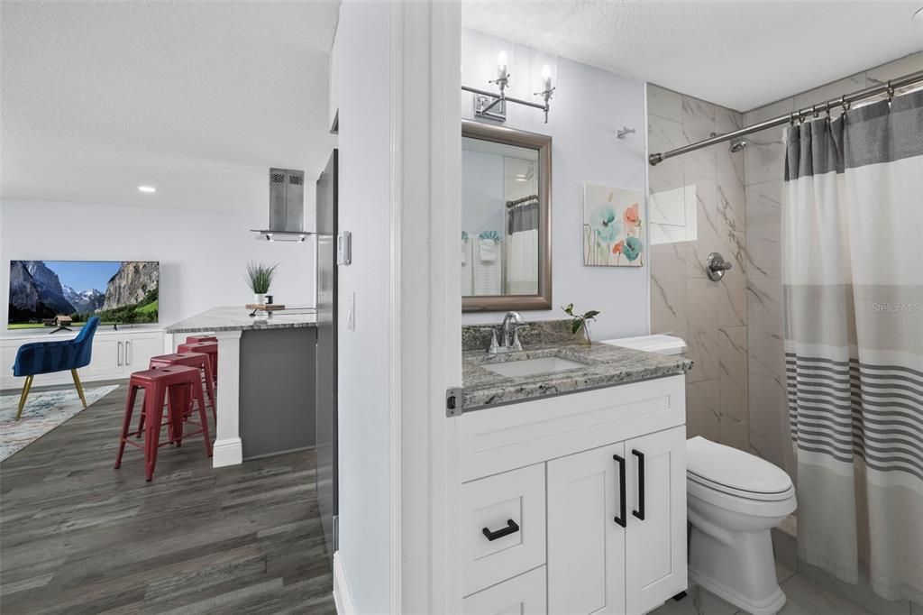 Bathroom, Interior, Marble Walls, Recessed Lighting, Wood Texture Flooring