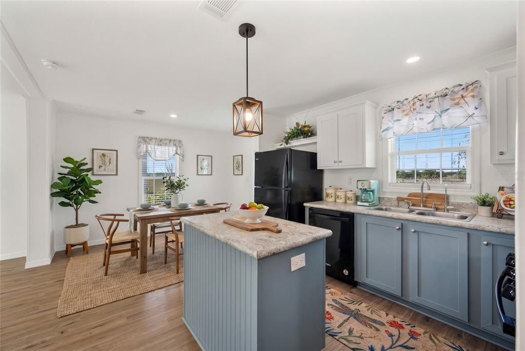 Dining room, Interior, Kitchen, Pendant Lights, Recessed Lighting, Wood Texture Flooring