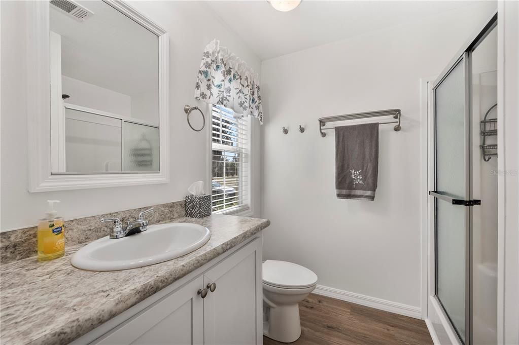 Bathroom, Glass Shower, Interior, Wood Texture Flooring