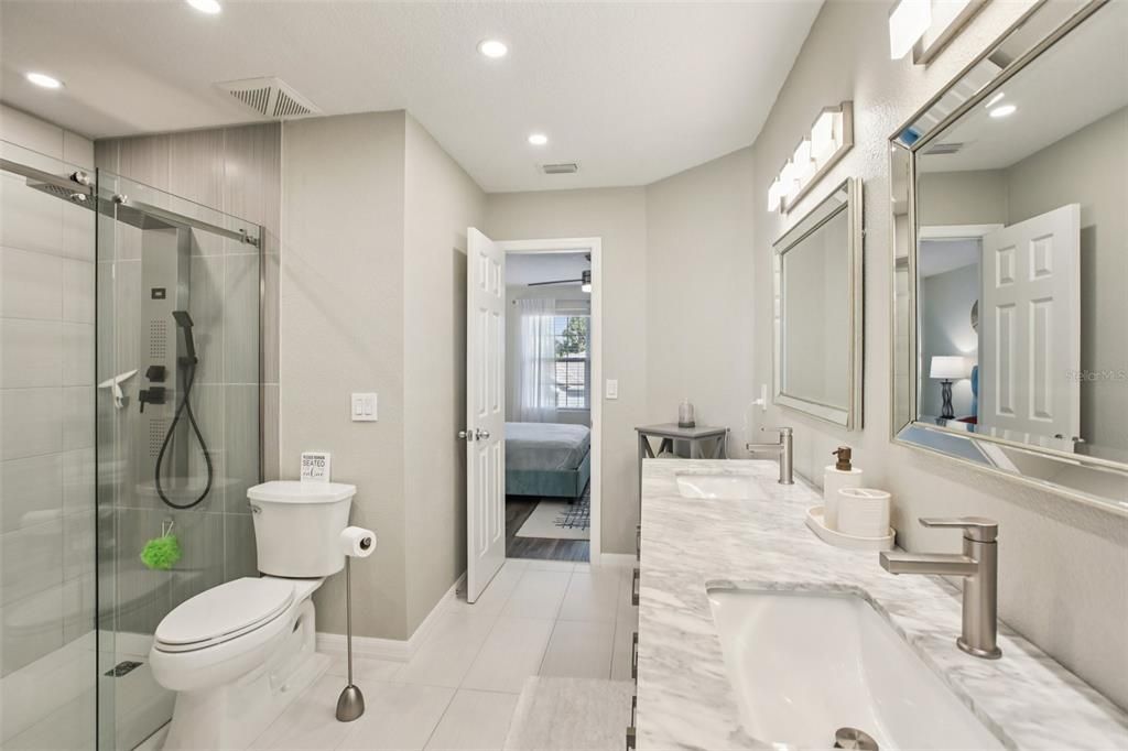Bathroom, Bedroom, Dual Sink Vanities, Glass Shower, Interior, Recessed Lighting