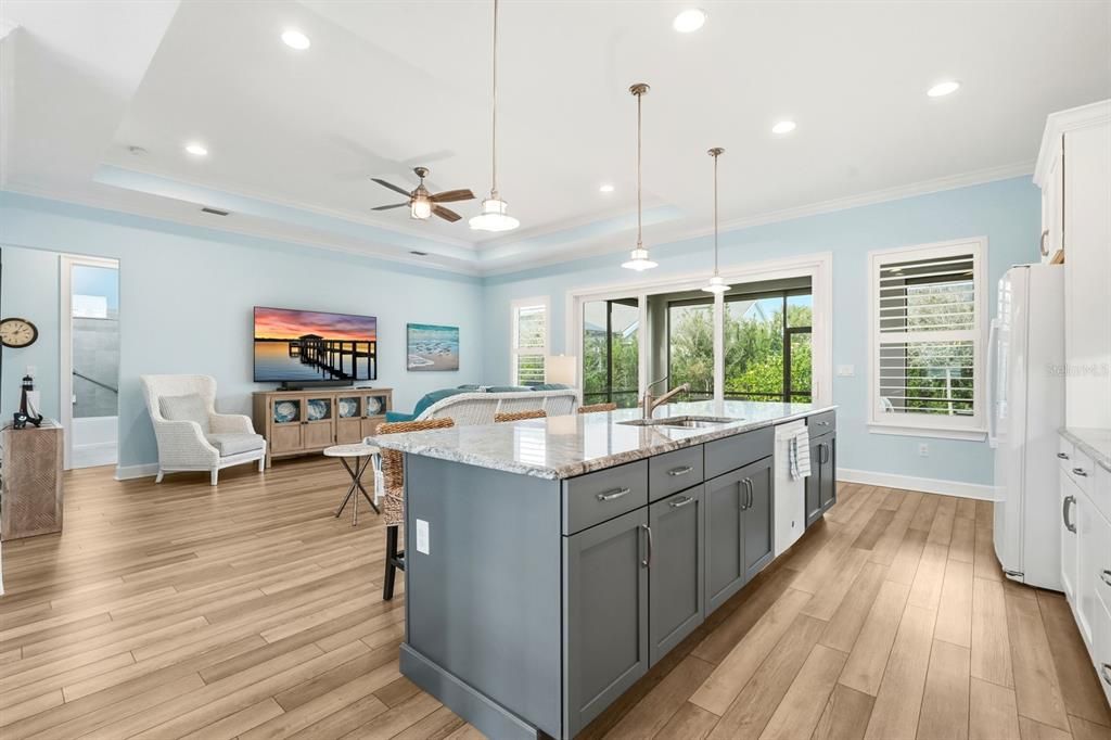 Interior, Kitchen, Pendant Lights, Recessed Lighting, Wood Texture Flooring