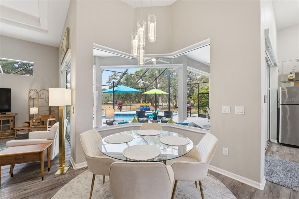 Dining room, Interior, Pendant Lights, Stainless Steel Appliances, Wood Texture Flooring