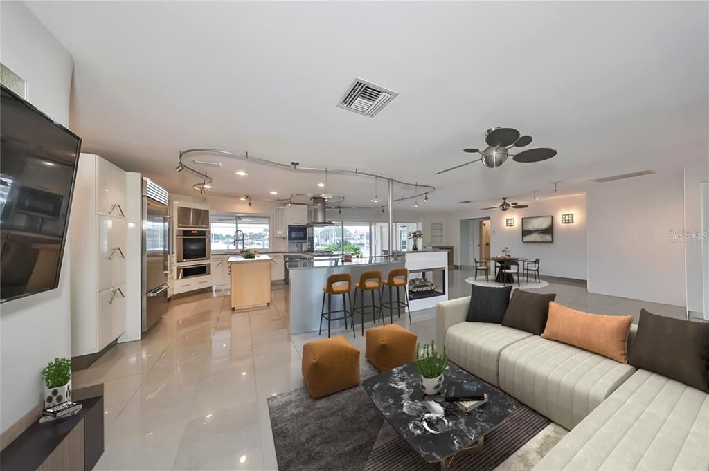Dining room, Fireplace, Interior, Kitchen, Living room, Recessed Lighting, Stainless Steel Appliances