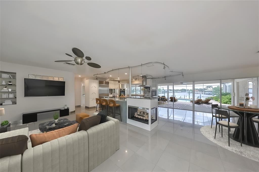 Dining room, Fireplace, Interior, Kitchen, Living room, Recessed Lighting, Water