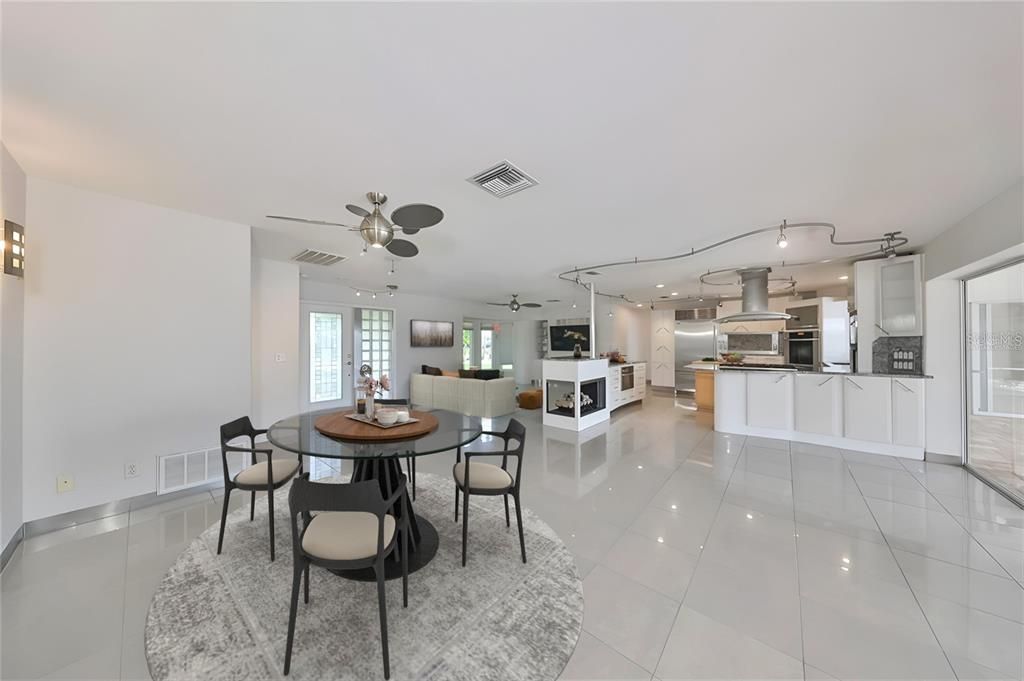 Dining room, Fireplace, Interior, Kitchen, Recessed Lighting, Stainless Steel Appliances