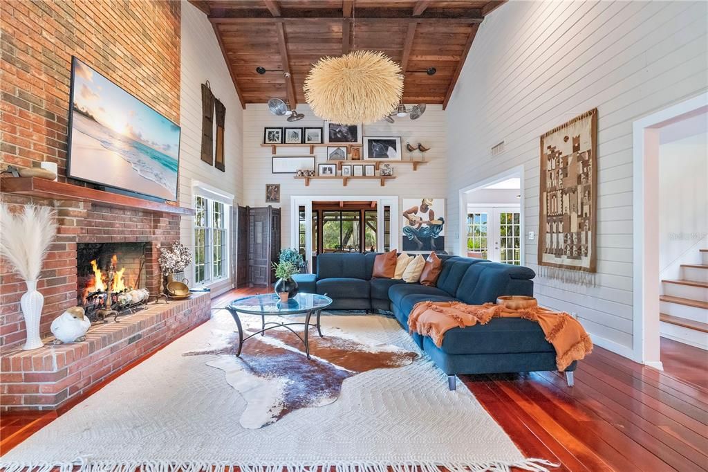 Fireplace, Interior, Living room, Pendant Lights, Stone Walls, Wooden Beams, Wooden Ceilings, Wood Texture Flooring