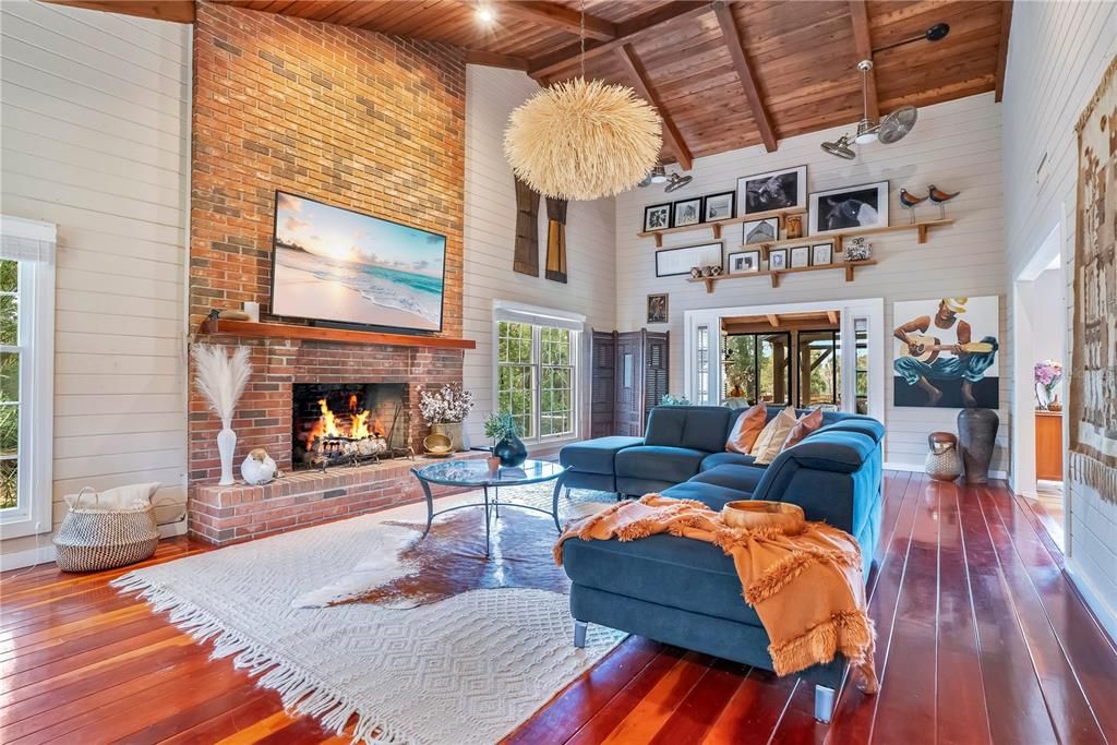 Fireplace, Interior, Living room, Pendant Lights, Stone Walls, Wooden Beams, Wooden Ceilings, Wood Texture Flooring