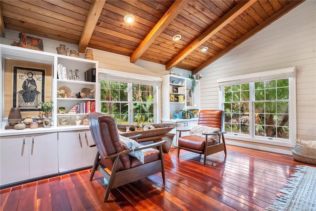 Home Office, Interior, Recessed Lighting, Wooden Beams, Wooden Ceilings, Wood Texture Flooring