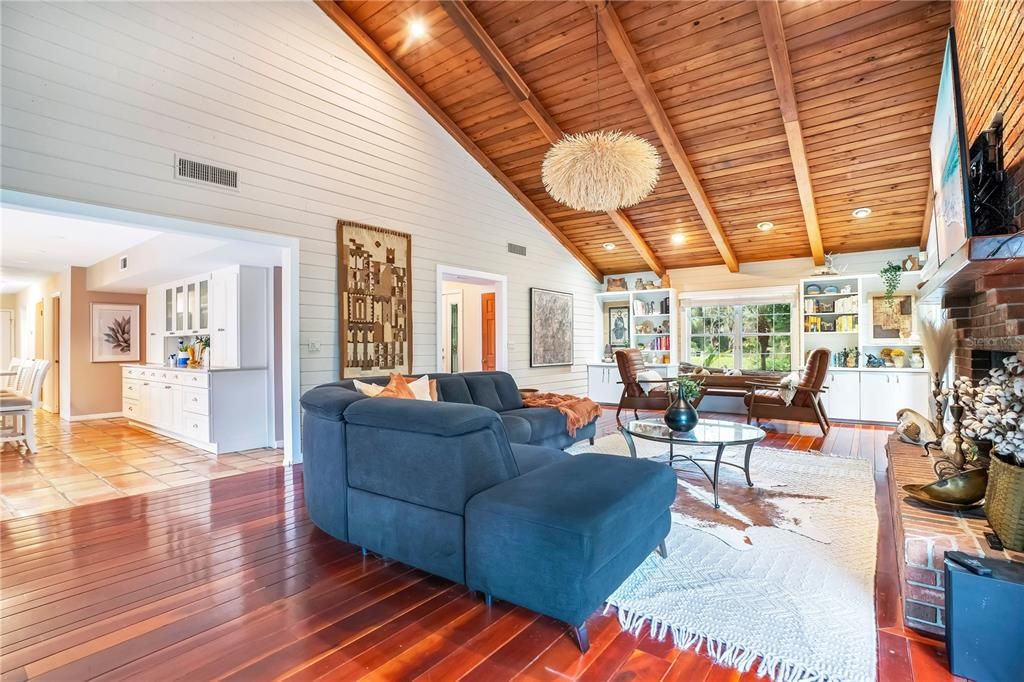 Fireplace, Interior, Kitchen, Living room, Recessed Lighting, Wooden Beams, Wooden Ceilings, Wood Texture Flooring