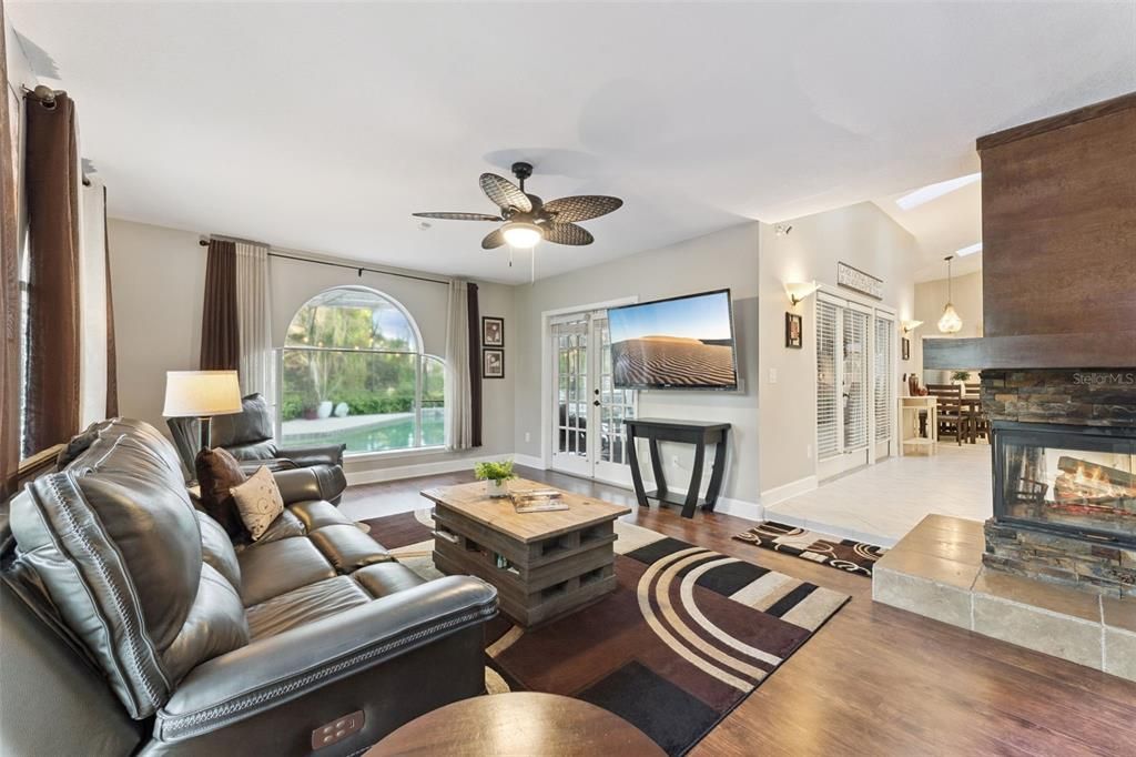 Fireplace, Interior, Living room, Pendant Lights, Wood Texture Flooring