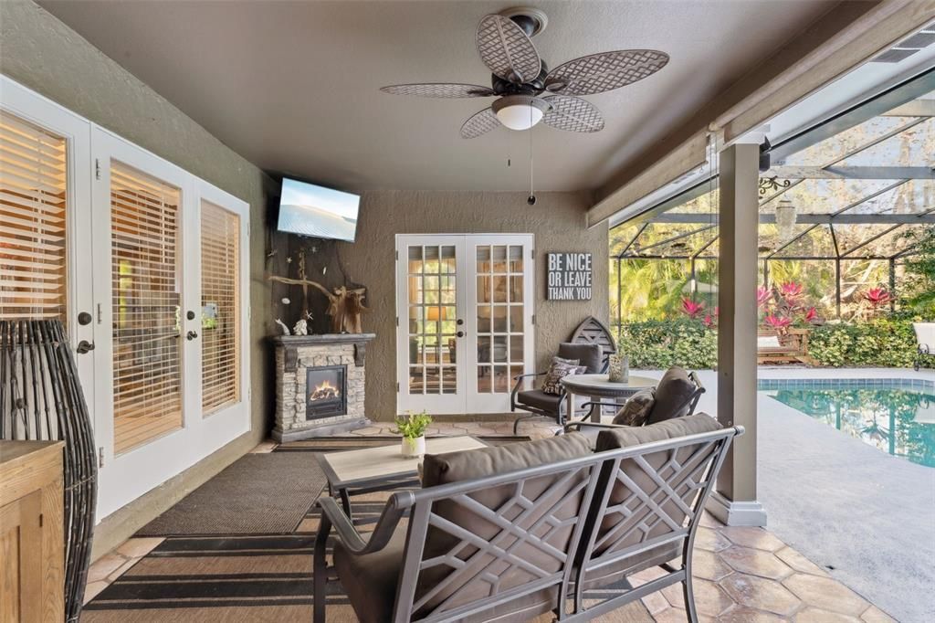 Fireplace, Glass Ceilings, Interior, Pool, Sun Room