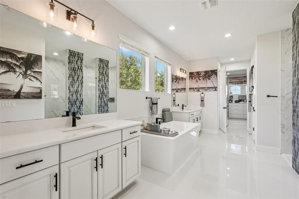 Bathroom, Dual Sink Vanities, Interior, Marble, Marble Walls, Recessed Lighting