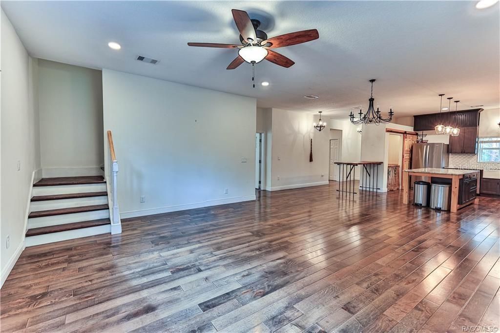 Chandelier, Empty room, Interior, Kitchen, Pendant Lights, Recessed Lighting, Wood Texture Flooring