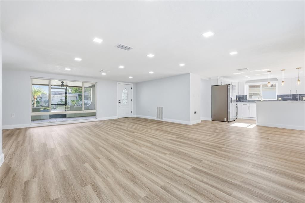 Empty room, Interior, Kitchen, Pendant Lights, Recessed Lighting, Wood Texture Flooring