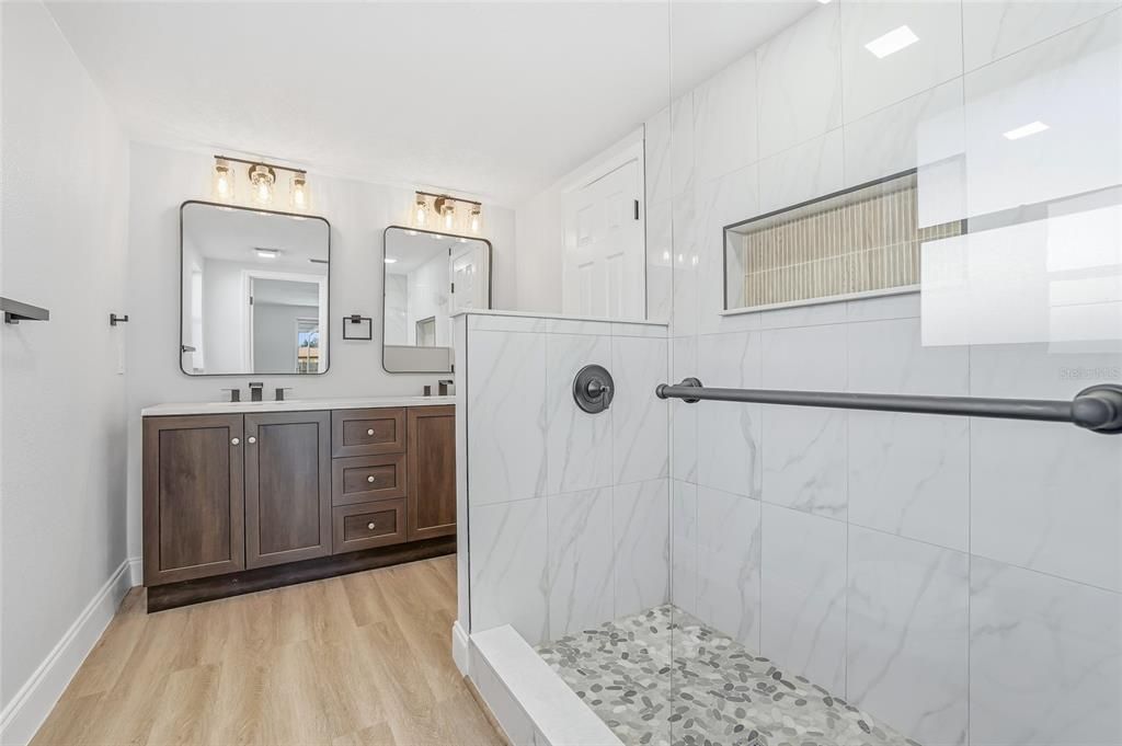 Bathroom, Glass Shower, Interior, Marble Walls, Wood Texture Flooring