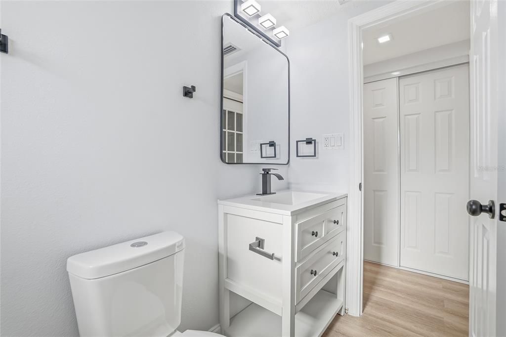 Bathroom, Interior, Recessed Lighting, Wood Texture Flooring