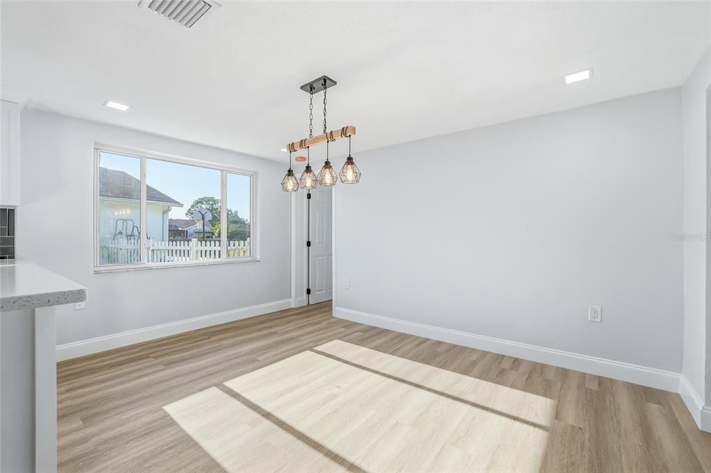 Empty room, Interior, Pendant Lights, Recessed Lighting, Wood Texture Flooring