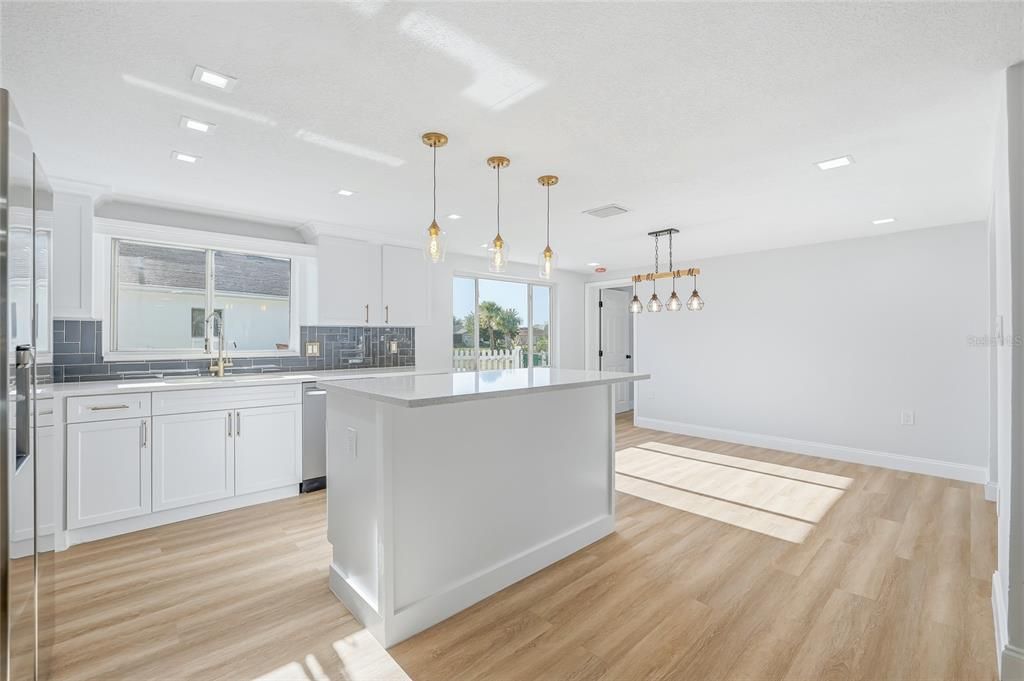 Interior, Kitchen, Pendant Lights, Recessed Lighting, Wood Texture Flooring