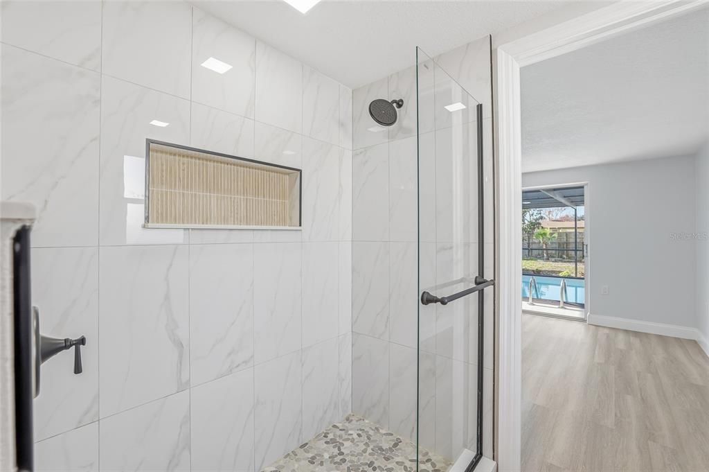 Bathroom, Glass Shower, Interior, Marble Walls, Wood Texture Flooring