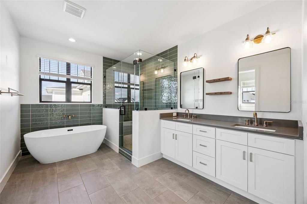 Bathroom, Dual Sink Vanities, Free Standing Baths, Glass Shower, Interior, Recessed Lighting