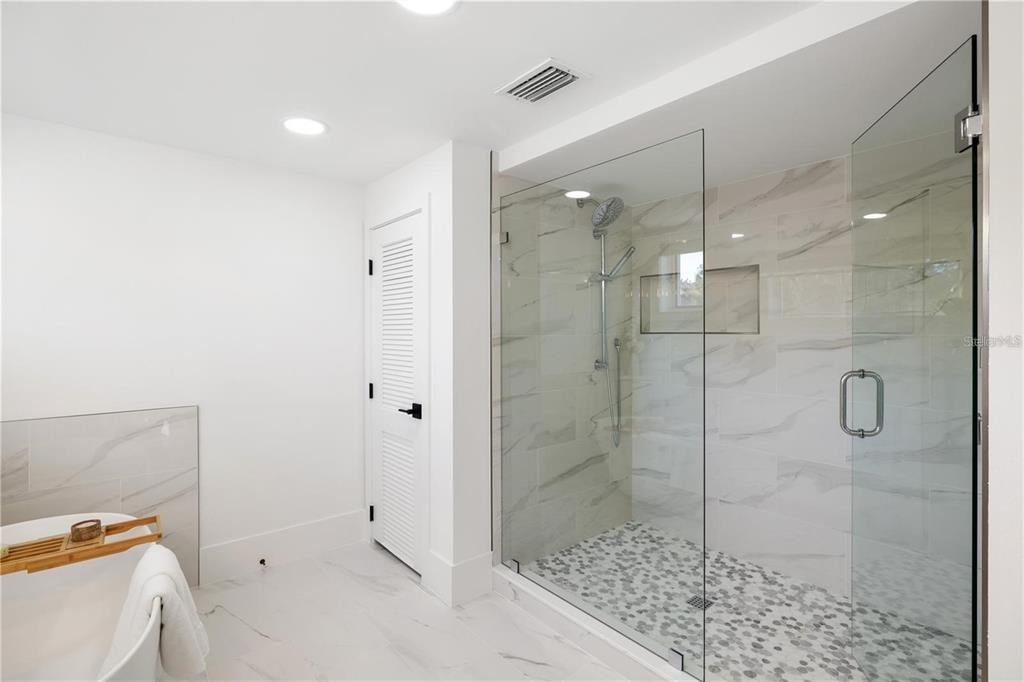 Bathroom, Glass Shower, Interior, Marble, Marble Walls, Recessed Lighting