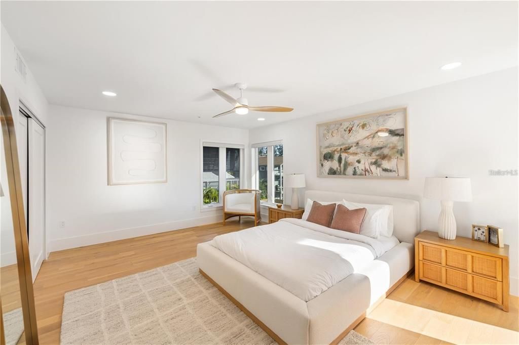 Bedroom, Interior, Recessed Lighting, Wood Texture Flooring