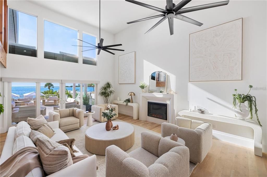 Fireplace, Interior, Living room, Pendant Lights, Water, Wood Texture Flooring