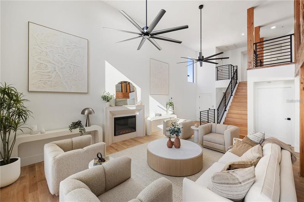 Fireplace, Interior, Living room, Pendant Lights, Recessed Lighting, Wood Texture Flooring