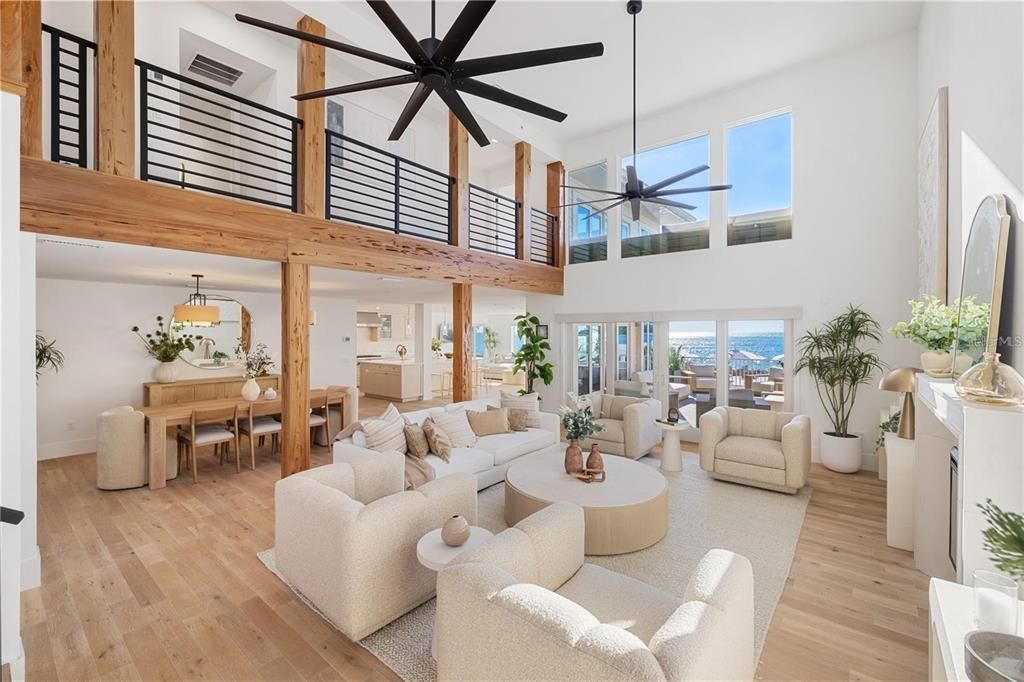 Dining room, Interior, Living room, Pendant Lights, Water, Wood Texture Flooring