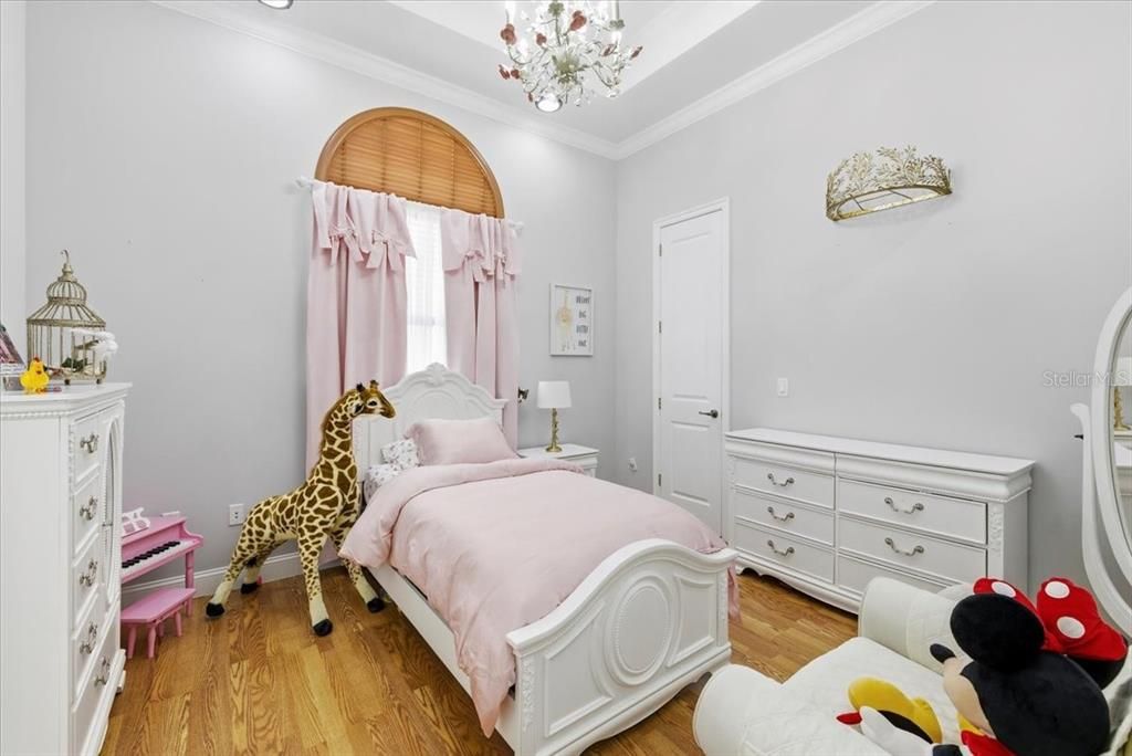 Bedroom, Chandelier, Interior, Recessed Lighting, Wood Texture Flooring