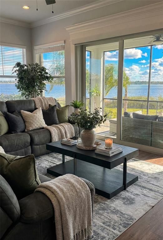 Interior, Living room, Recessed Lighting, Water, Wood Texture Flooring