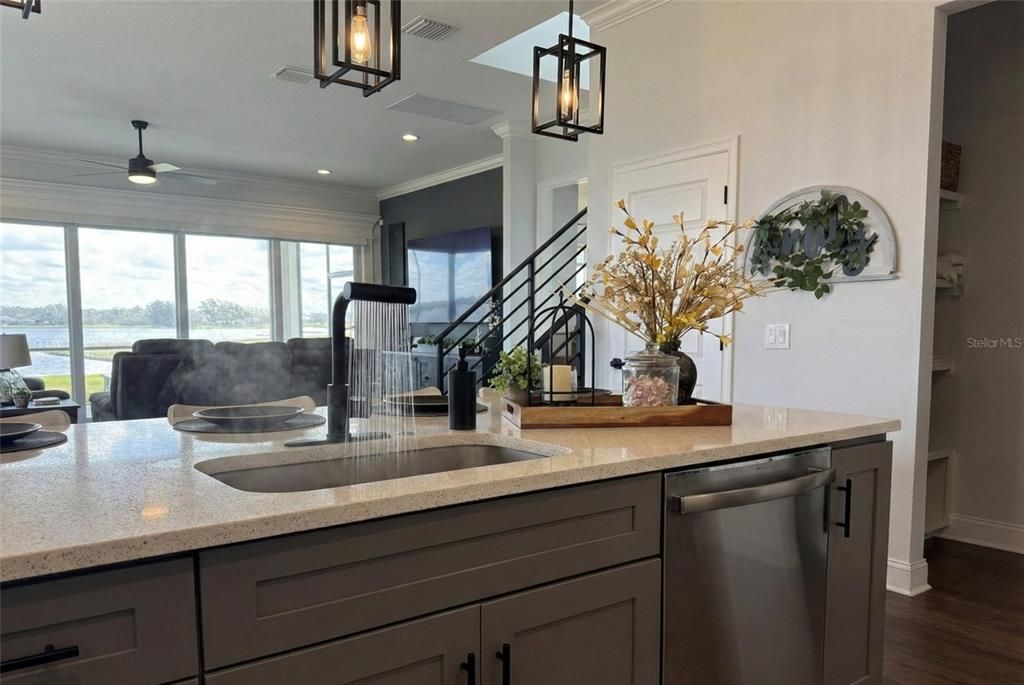 Interior, Kitchen, Pendant Lights, Recessed Lighting, Water, Wood Texture Flooring