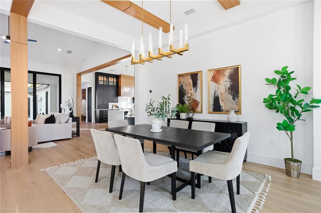 Dining room, Interior, Kitchen, Living room, Pendant Lights, Recessed Lighting, Stainless Steel Appliances, Wood Texture Flooring