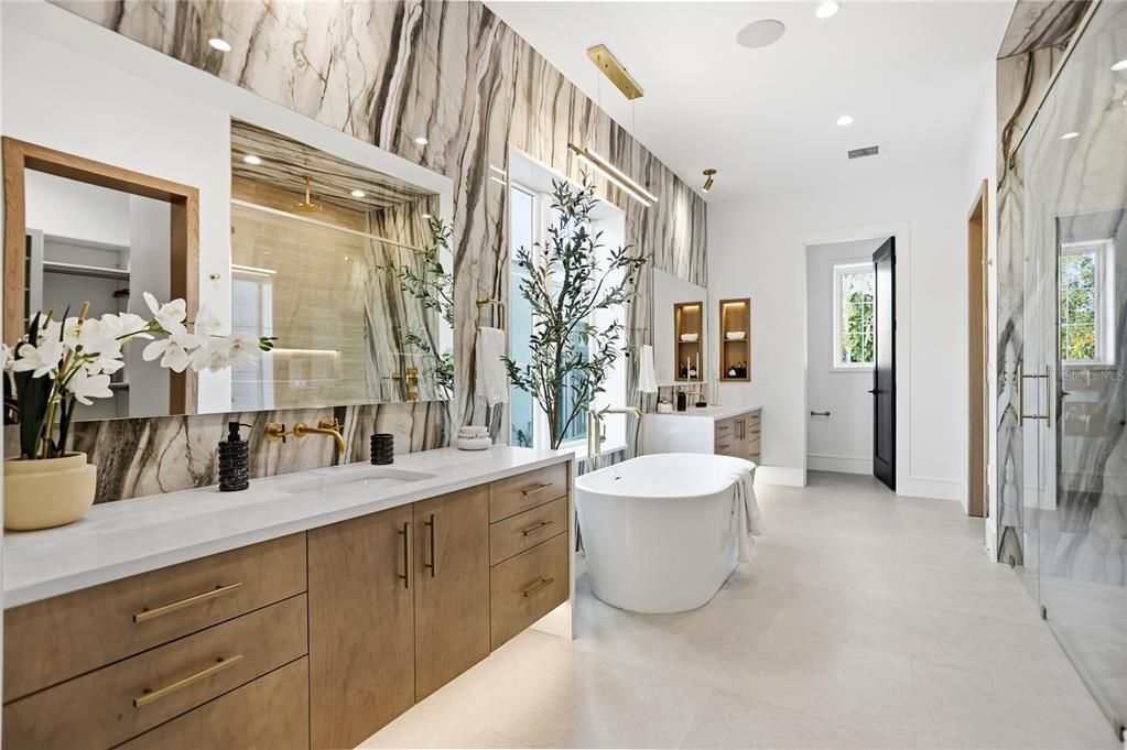 Bathroom, Dual Sink Vanities, Free Standing Baths, Glass Shower, Interior, Marble Walls, Recessed Lighting