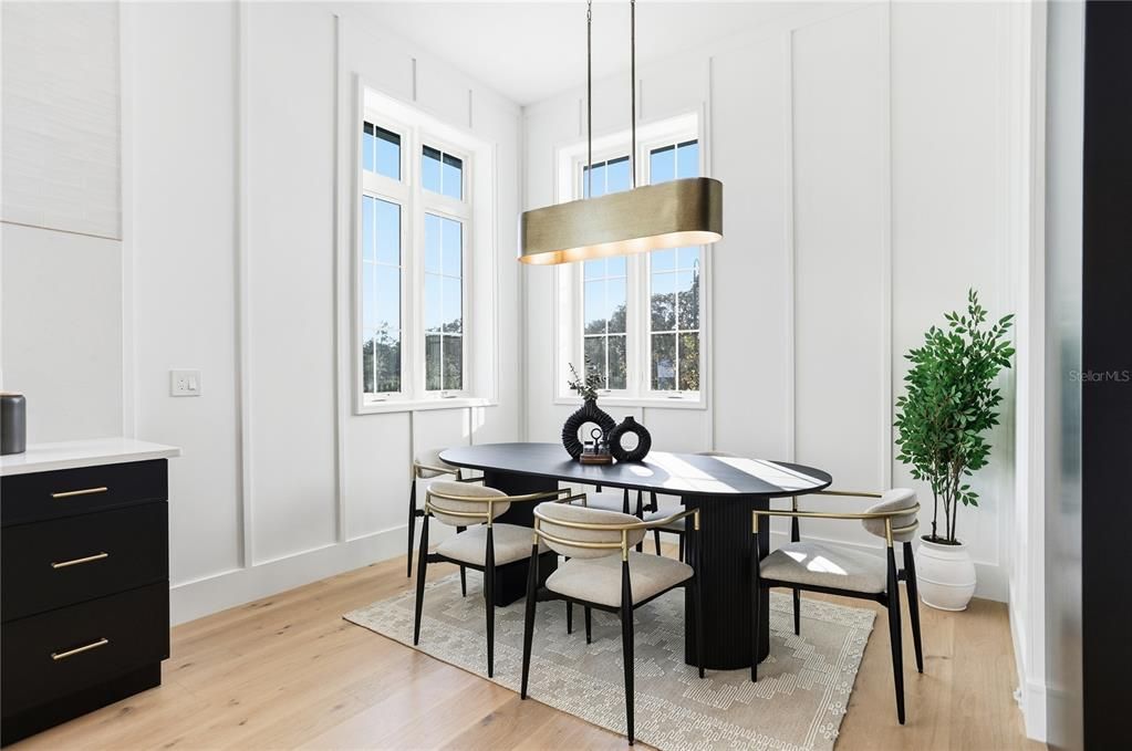 Dining room, Interior, Pendant Lights, Wood Texture Flooring