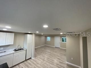 Empty room, Interior, Kitchen, Recessed Lighting, Wood Texture Flooring