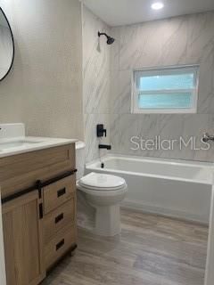 Bathroom, Interior, Marble Walls, Recessed Lighting, Wood Texture Flooring