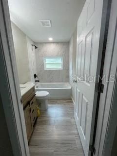 Bathroom, Interior, Marble Walls, Recessed Lighting, Wood Texture Flooring