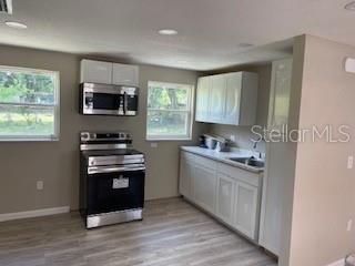 Interior, Kitchen, Recessed Lighting, Stainless Steel Appliances, Wood Texture Flooring