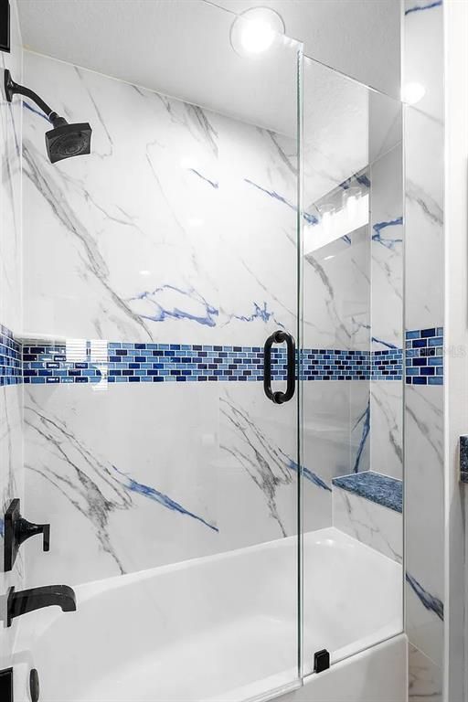 Bathroom, Glass Shower, Interior, Marble Walls, Recessed Lighting